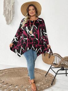 SHEIN CURVE+ Camiseta suelta de manga 3/4 con cuello redondo y bajo asimétrico para mujer de talla grande, con estampados de San Valentín, rosa, corazón, lunares, amor, labios, Cupido, flores 3D