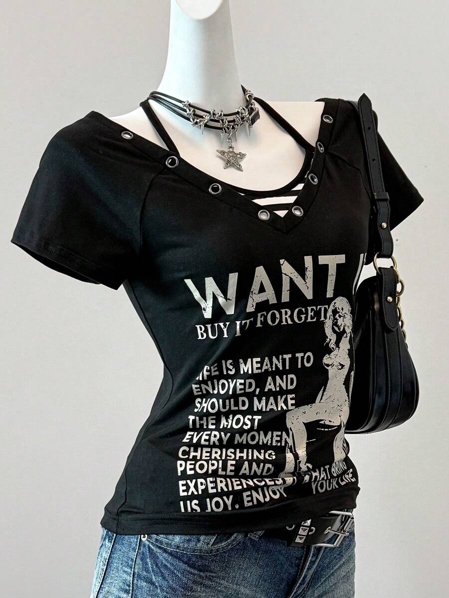 SHEIN EZwear 夏季乡村音乐会标语图案短袖T恤 - 黑色 - 查看 1