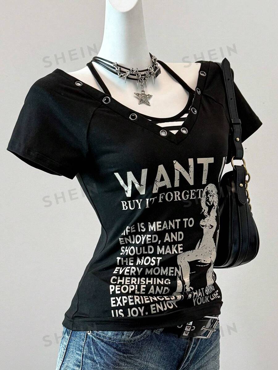 SHEIN EZwear Camiseta de manga corta con gráfico de eslogan de concierto de verano en el campo