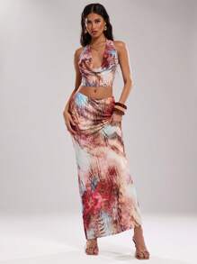 SHEIN BAE Women's Brown Striped Boho Summer Vacation Holiday Animal Print Draped Neck Backless Top And Skirt Set For Beach Music Festival Party Outfits - Multicolor - View 3