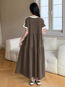 DAZY 女士休闲圆领宽松中长连衣裙，春夏连衣裙 - 咖啡棕 - 查看 4