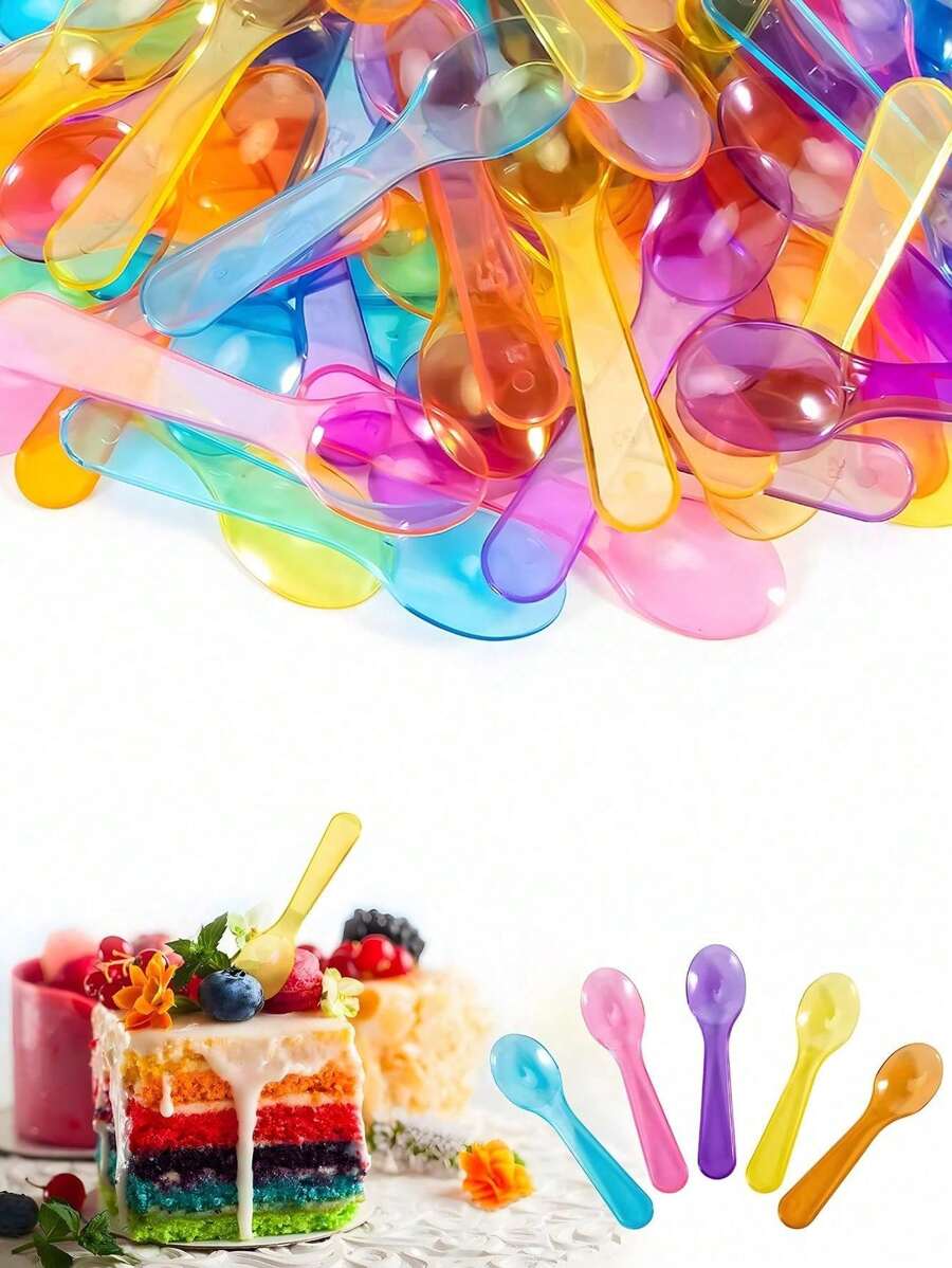 SHEIN 50pcs/100pcs-Colored Taster Spoons, Plastic Mini Spoons Multi-Color, Small Dessert Spoons, Ice Cream Spoons For Crafts, Tasting, Sampling ,Tasting Cake, Yogurt, Jam,Color Random