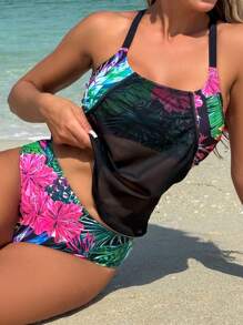 Swim Lushoire 女士粉色和绿色热带花卉印花、网眼覆盖、锁孔形后背吊带背心比基尼上衣、海滩度假装、春夏新品两件套泳装女士泳衣女士泳衣女士连体泳衣女士上衣女士比基尼泳装 - 彩色 - 查看 5