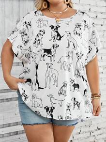 SHEIN CURVE+ Plus Size Dog & Bat Print Relaxed Casual Shirt For Vacation