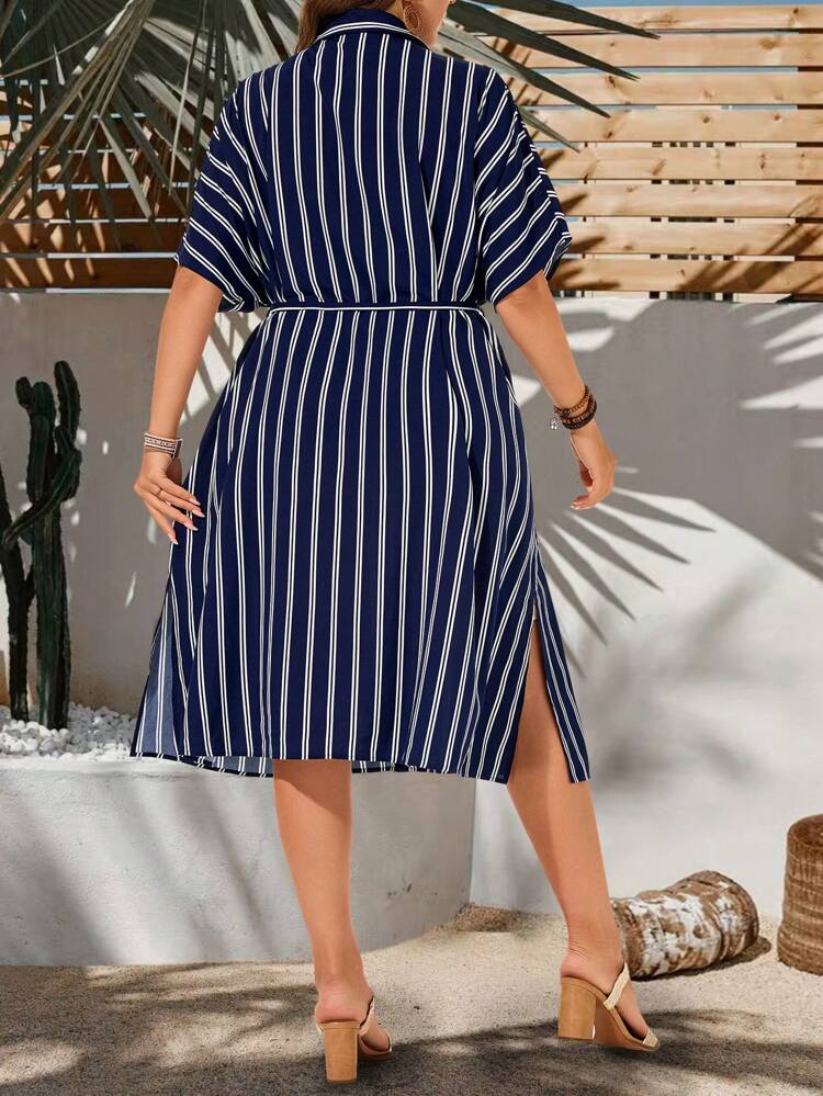 Plus Size Raglan Sleeves Blue And White Striped Shirt Collar Button Placket Medium And Long Coat Dress Suitable For Spring And Summer Boho Women's Clothing Rave Outfits Gifts For Mother Vacay Vibes Springbreak Casual Wear SS Bohemia Loose Fit