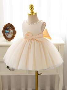 SHEIN Glamorique Kids 圣诞公主女婴礼服薄纱派对伴娘舞会礼服正式舞会礼服，粉色花卉派对婚礼礼服，带 V 形后背大蝴蝶结 - 杏色 - 查看 3