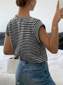 Siren Gaze Women Striped Crew Neck Short Sleeve Casual Versatile T-Shirt Summer - Black and White - View 2