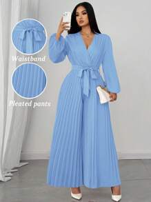 SHEIN Unity Women Plus Size Elegant Crossed V-Neck Belted Bow Fabric Pleated Long Sleeve All-In-One Jumpsuit, Versatile & Fashionable Fall Cloth For Women - Blue - View 1
