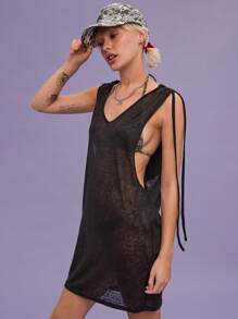 COUREZ Sleeveless V Neck Black Drapey Hoodie Dress/Casual/Summer Outfits For Women Y2K Vintage - Black - View 2