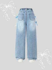Denimly Tween 女童休闲都市轻洗时尚全年必备宽腿牛仔裤，配有手工缝制的蓝色蝴蝶结弹性腰带和前拉链 - 淺色水洗藍 - 查看 2