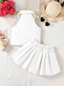 SHEIN 2 件套小女孩时尚领上衣 + 褶皱牛仔裙套装 - 白色 - 查看 2