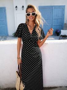 Vivid Eden Wave Pattern V-Neck Short Sleeve Fitted Women's DressSpring And Summer Outfits, Summer Clothes, Valentine Day, Vacation Outfits Woman, Beach Outfits For Woman, Festival, Romantic And Elegant Clothing, Bohemian, BOHO, Sweet, Rave Outfits Festival, Tropical Vacation Woman Clothes, Carnaval,Summer Dresses For Women,Polka Dot Dress
