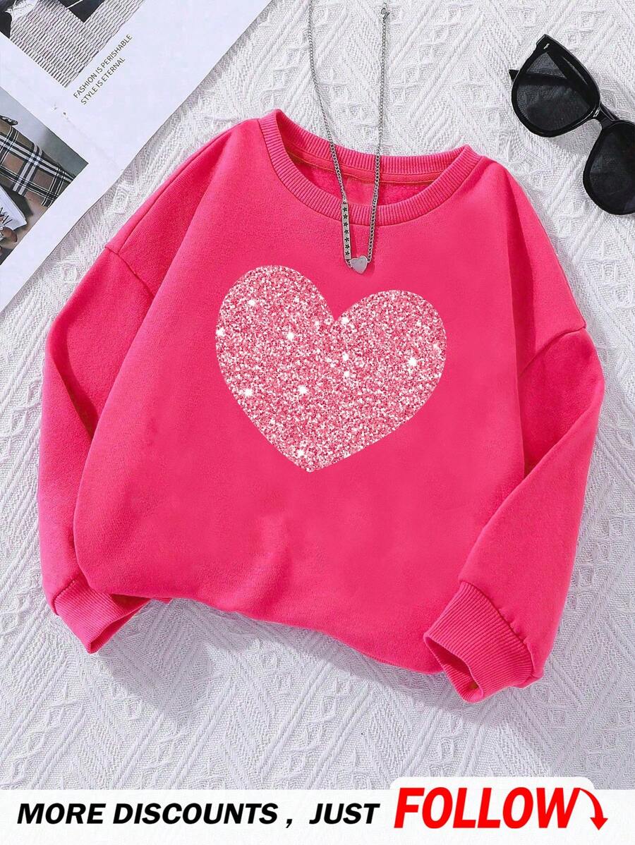 SHEIN Young Girl's Casual Long Sleeve Round Neck Sweatshirt, Suitable For Autumn And Winter - Pink - View 1