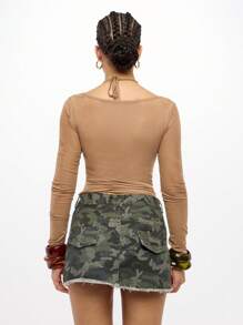 SUMWON WOMEN Mesh Long Sleeve Cowl Neck Crop Top With Built-In Bralette, Draped Party Club Dance Top With Inner Support - Khaki - View 2