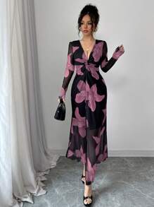 Rafferiza Rochie romantică de Ziua Îndrăgostiților din plasă cu imprimeu floral, răsucită în față, cu fantă înaltă, cu talie strânsă, cu decolteu în V, pentru femei - Roz - Vizualizare 3