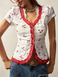 Bohemela Blusa de punto ajustada con cuello en V y estampado floral para mujeres, estilo minimalista apropiado para el verano