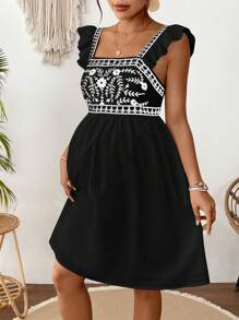 SHEIN Vestido para maternidad con estampado de plantas, de cuello cuadrado y mangas cortas, para vacaciones