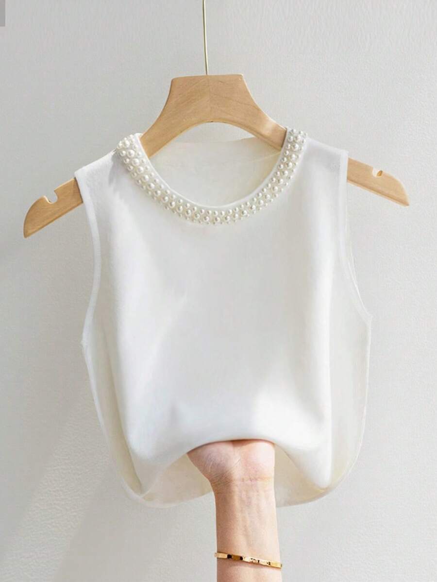 INAWLY 女士纯色仿珍珠装饰无袖圆领吊带背心 - 白色 - 查看 1