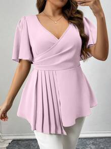 SHEIN Unity 大码纯色 V 领短袖衬衫，简约时尚，适合夏季