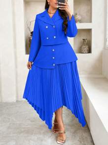 SHEIN Unity Plus Size Suit Set: Long Sleeve Jacket And Solid Color Skirt - Royal Blue - View 1