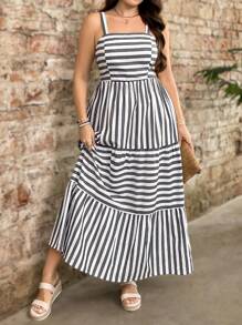 SHEIN LUNE Große Größen Schwarz & Weiß gestreiftes Patchwork Trägerkleid, Boho Oster-Outfit, Frauen Land-Konzert-Outfit, Abschlussfeier-Outfit, Sommer-Outfits für Frauen, Brunch-Outfits für Frauen, Muttertags-Kirchenoutfits für Frauen