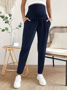 SHEIN Maternity High Waist Cone Pants, Casual Solid Color Versatile - Navy Blue - View 5