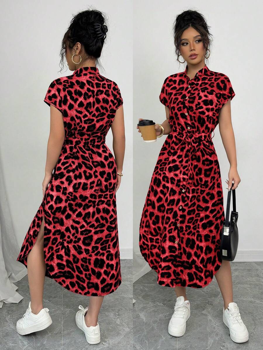 SHEIN Raffinéa Women's Casual Vacation Travel Leopard Print Front Button Shirt Belt Bow Pocket Side Slits 2025 Summer New Short Sleeve Long Dress - Red - View 1