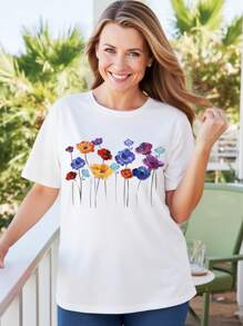 EMERY ROSE 大码女式花卉印花修身休闲圆领短袖 T 恤，适合夏季 - 白色 - 查看 1