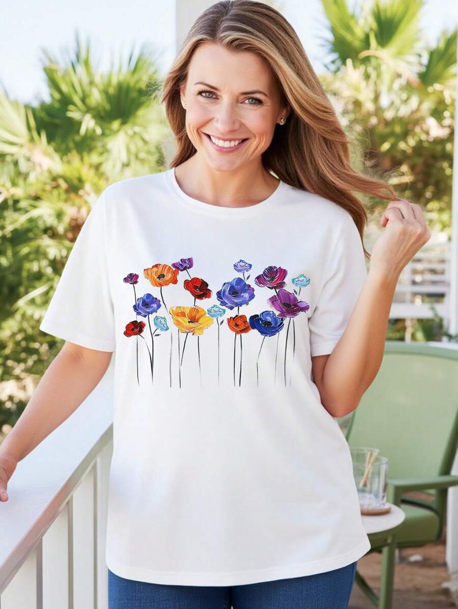EMERY ROSE 大码女式花卉印花修身休闲圆领短袖 T 恤，适合夏季 - 白色 - 查看 1