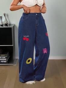 SHEIN ICON Plus Size Women Wide Leg Loose Strawberry Embroidery Jeans - Dark Wash - View 3