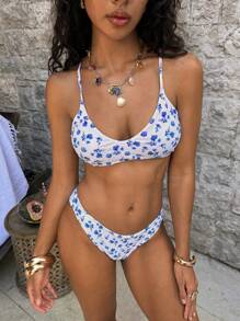 SHEIN Swim Floral Print Bikini Swimsuit, Wireless For Summer Beach Vacation - Blue and White - View 3