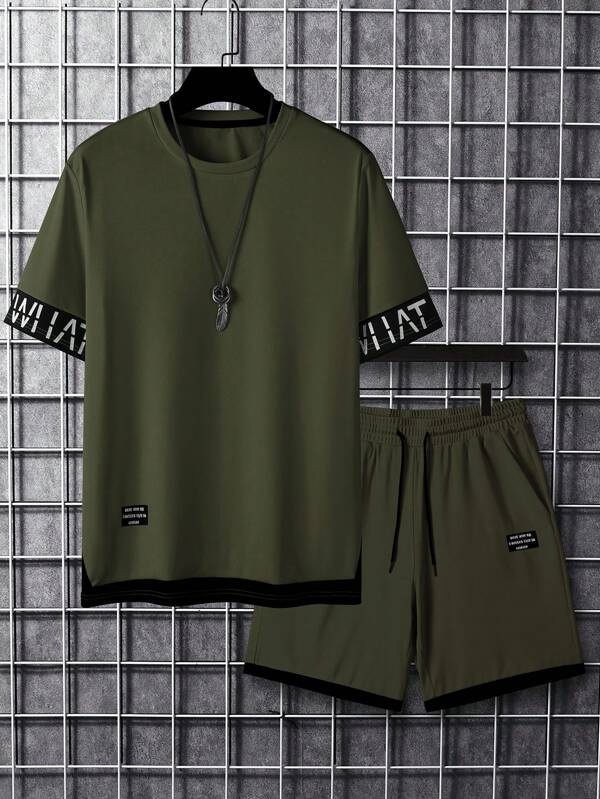 Manfinity Homme 2pcs Set Men Casual Letter Print Round Neck Short Sleeve T-Shirt And Drawstring Waist Shorts Men Two Piece Casual Short Sets