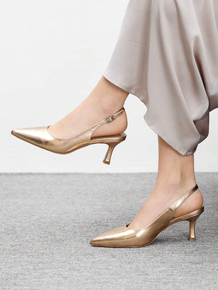 CUCCOO BIZCHIC Champagne-Colored Metallic PU Leather Pointed Toe Stilettos, Fashion High Heels For Commute, Dating, Party, Vacation For Christmas Spring Shoes