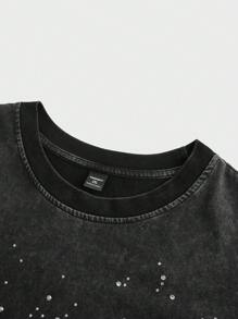 EASEVO Plus Size Men's Loose Fit Black Street Graphic Rhinestone Embellished Knit T-Shirt, Rave - Black - View 3