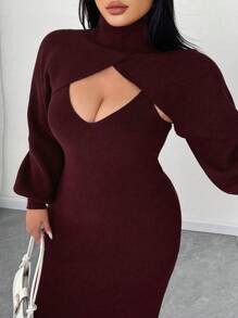 Celure Conjunto de 2 piezas de punto para mujer de talla grande - Vestido de suéter sin mangas de cuello en V + Jersey de cuello alto de manga corta abombada