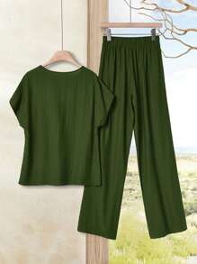 Rusticease 2pcs Women Solid Color Holiday Casual Shirt And Pants Set,Summer Sets - Green - View 2