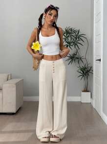 Flirla Pantalones casuales de mujer de cintura baja, con botones y pierna ancha