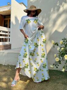 SHEIN MOOSTA Plus Size Women 2pcs Lemon Print Short Sleeve Round Neck T-Shirt And Skirt Set - White - View 7