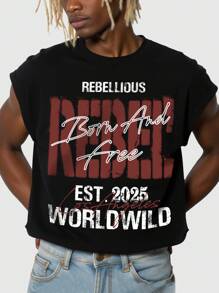 ROMWE MEN Prep Men's Jersey Boxy Fit Y2K Slogan Crew Neck Casual Loose Cropped Tank Top - Black - View 2