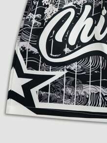 ROMWE MEN Anime Men's Woven Shorts With School Print, Suitable For Spring And Summer