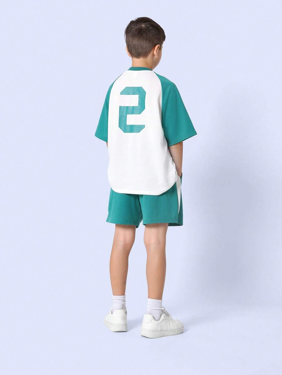 SUMWON Youth Athletic Baseball Style Raglan Set Jersey T-Shirt With Matching Shorts Summer Two-Piece Sport Training Uniform Team Set Breathable Casual Activewear