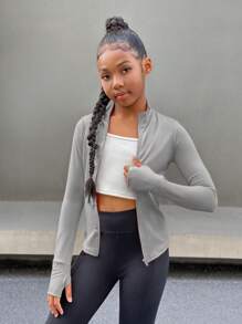 SHEIN Tween 女童休闲纯色修身长袖针织运动休闲夹克 - 灰色 - 查看 6