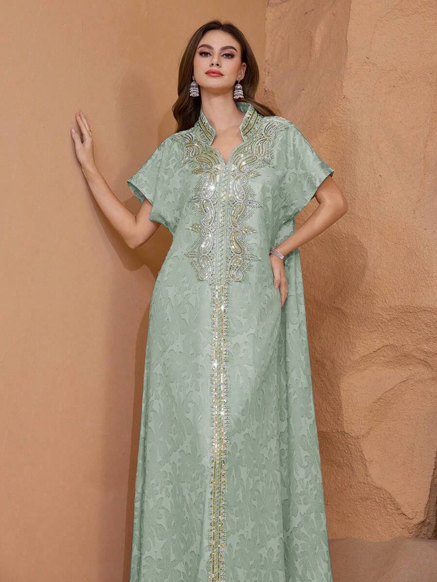 Al Najma 优雅奢华提花面料拼布高端亮片刺绣下摆宽松别致奢华女士连衣裙