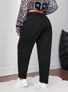 SHEIN CURVE+ 大码休闲简约纯色锥形牛仔裤 - 黑色 - 查看 2