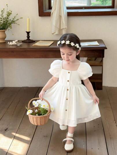 Vintaside Kids 女宝宝简约白色短袖休闲连衣裙宽松版型适合日常出游居家休闲轻聚会春夏