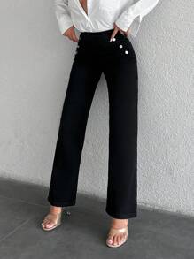 EURMUSE Button Detail Jeans - Black - View 5