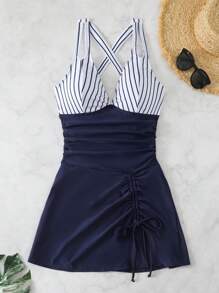 Swim Lushoire Traje de baño de una pieza con estampado floral elegante para mujer, bañador de vacaciones azul marino - Azul Marino - Ver 3