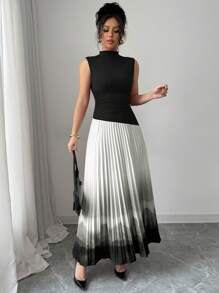 Elenzga 女士优雅褶皱长款印花连衣裙，适合派对、约会、情人节、狂欢节、复活节、中国新年、红色、粉色、不对称拼布设计、无袖扎染连衣裙，适合夏季 - 黑色 - 查看 4