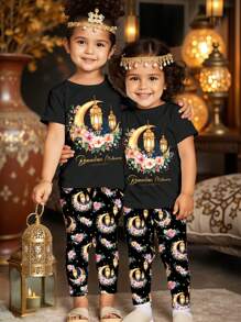 SHEIN Leap Crew Baby Girl Black Summer Casual Birthday Islamic Set,Star,Moon,Floral Print Muslim Family Set Gift,Snug Fit Round Neck Short Sleeve Pants Homewear - Multicolor - View 5