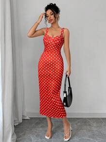 Firerie 女士优雅节日复古音乐节波尔卡圆点心形领口紧身中长吊带背心连衣裙 - 紅色 - 查看 3